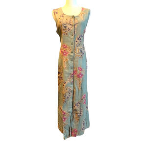 VTG. 80s Linen Maxi Dress Womens Size Large Floral Cottage Peasant Forest Fairy